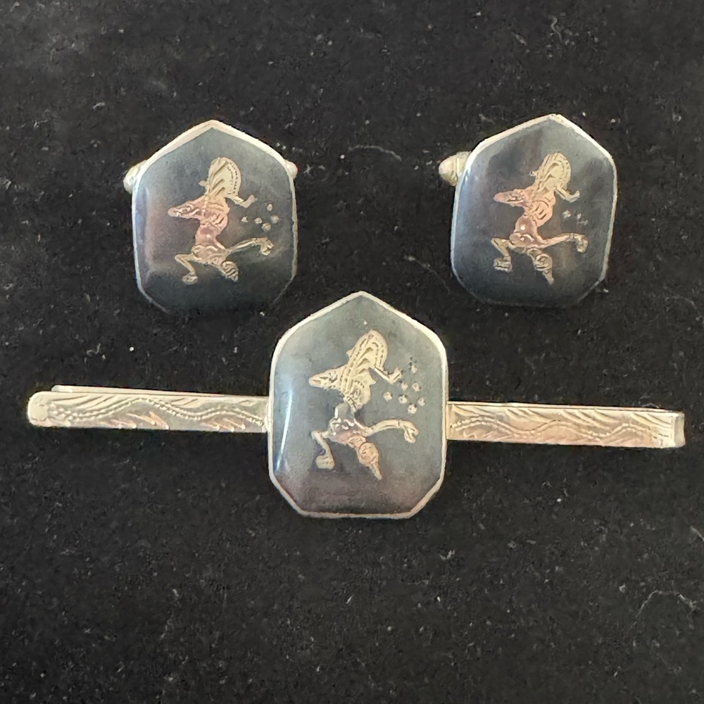 Vintage Set of Siam Sterling Silver & Enameled Tie Bar  & Cuff Link- 14.79g